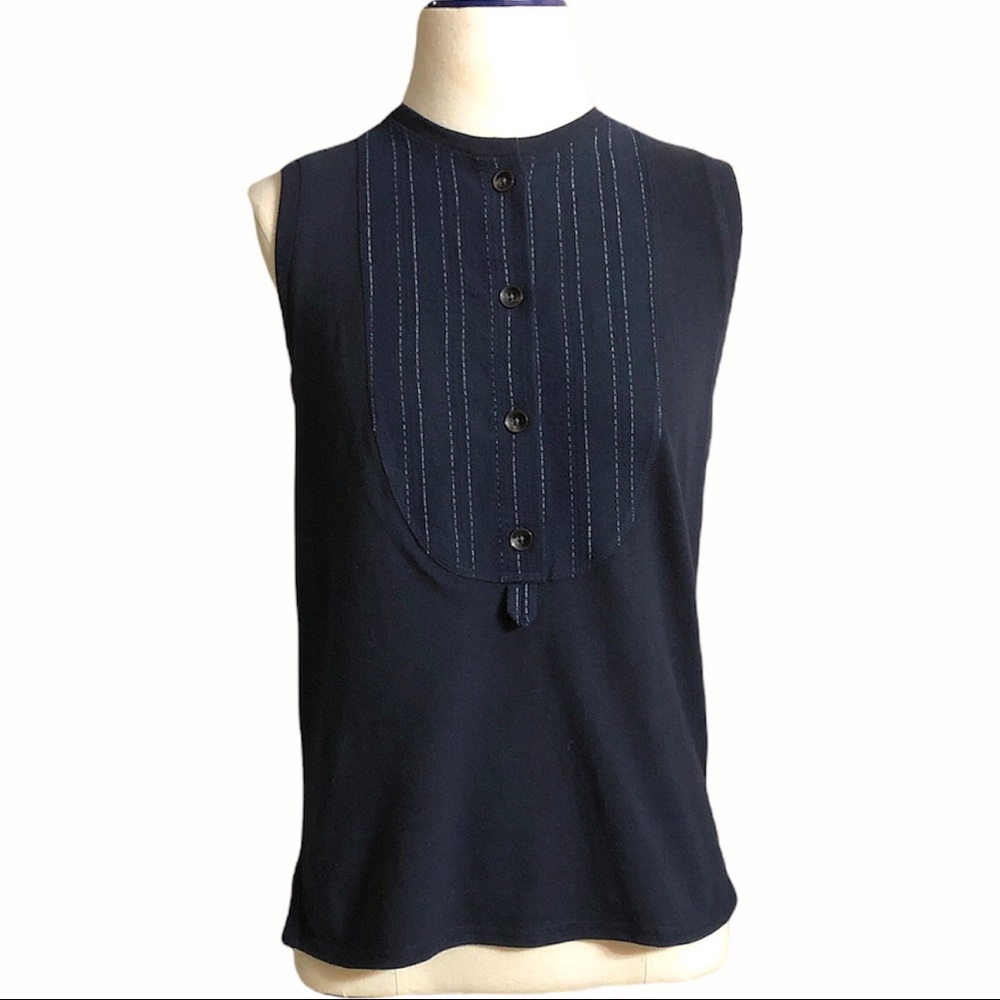 DEREK LAM 10 CROSBY Navy Sleeveless Henley Front Top
